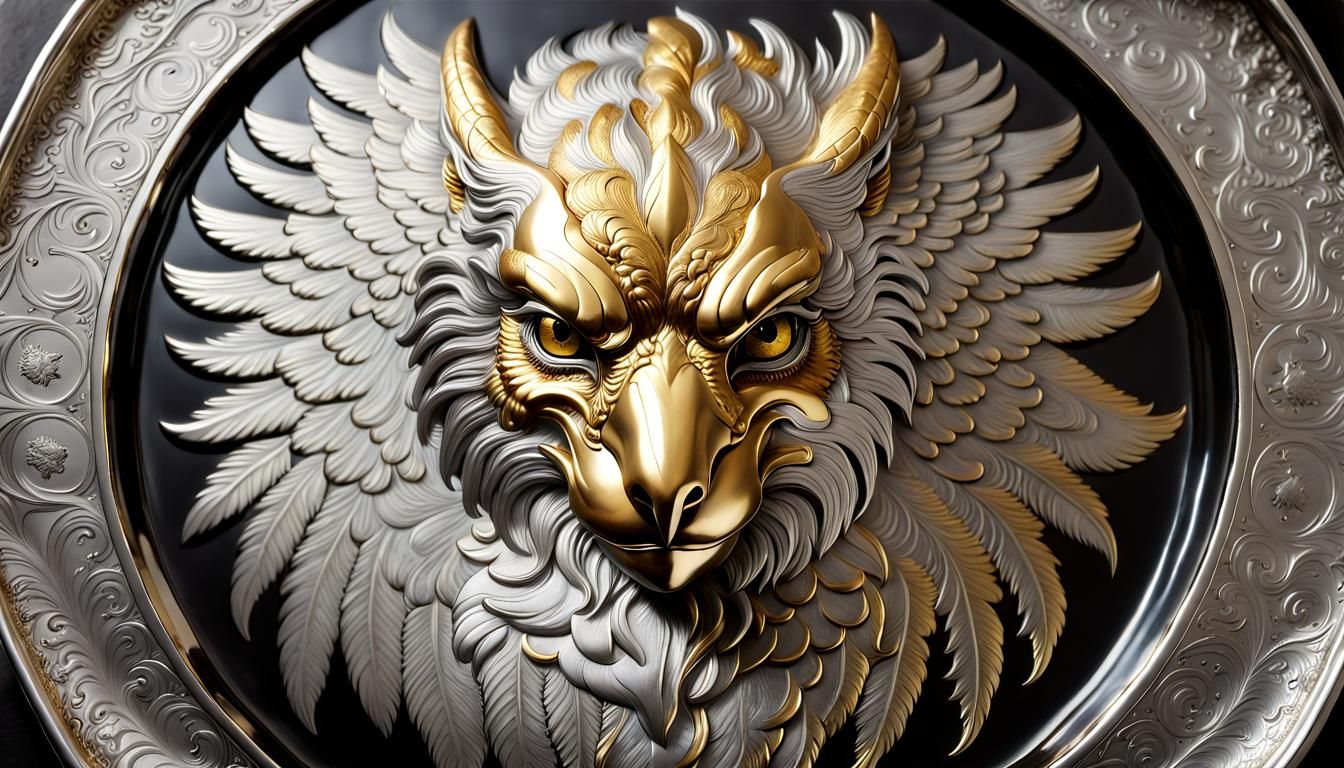 Gryphon Portrait Etched in Gold on Silver Tray