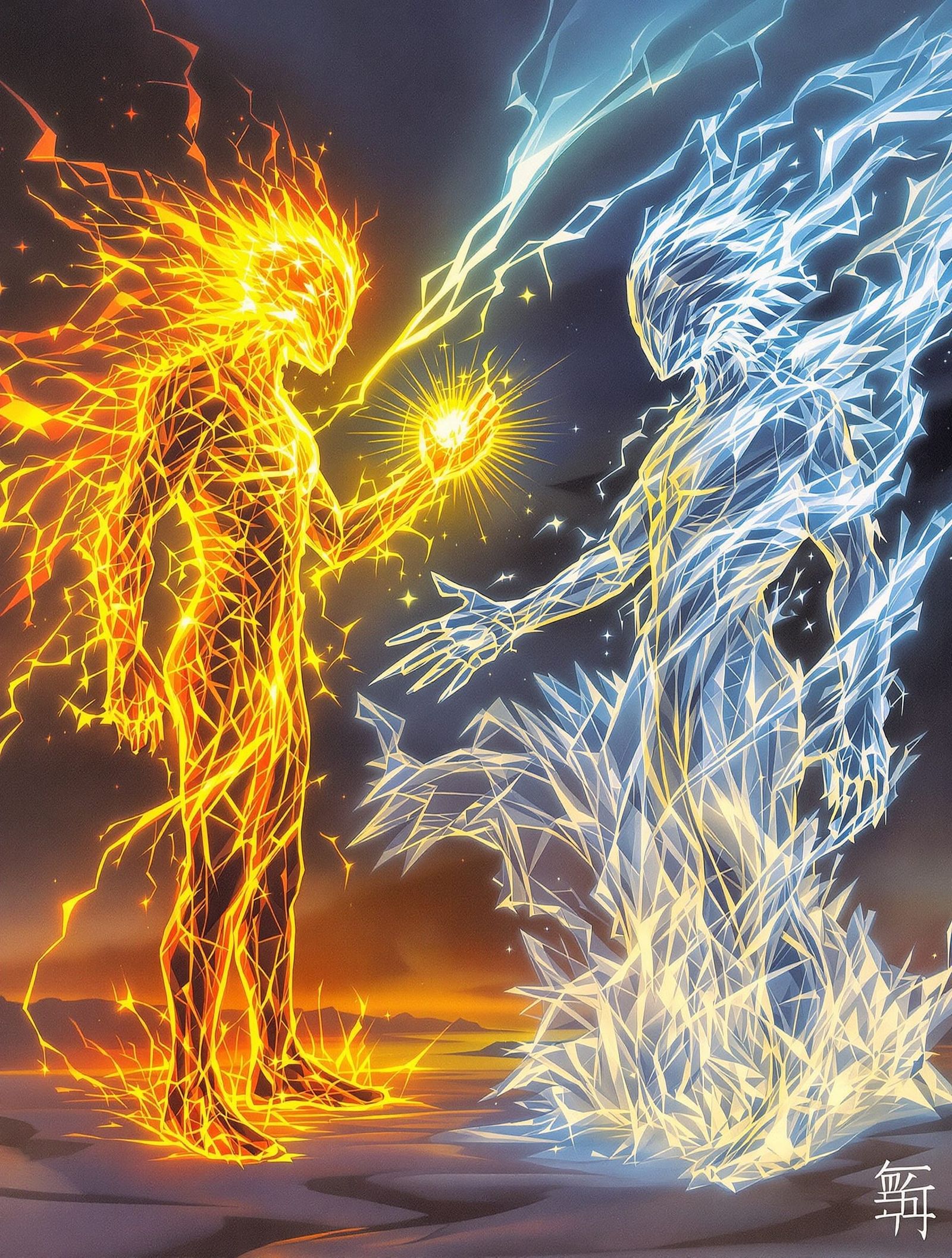 Elemental Twins: Fire and Ice Figures Reach Out