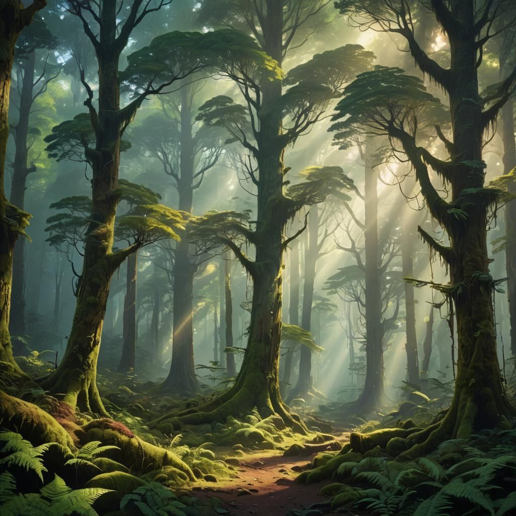 Luminous Forest Walk: Vivid Digital Concept Art