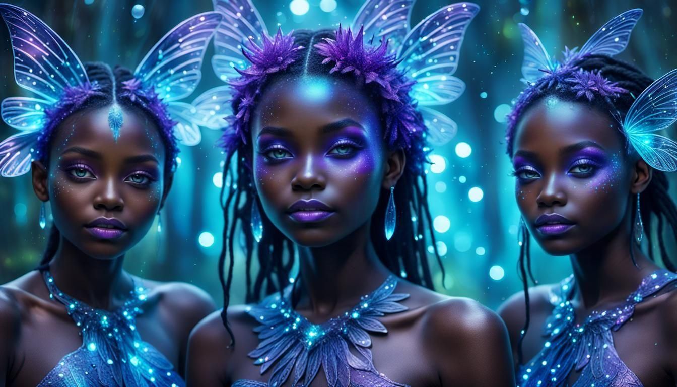 African Fairies Portrait with Bioluminescent Wings