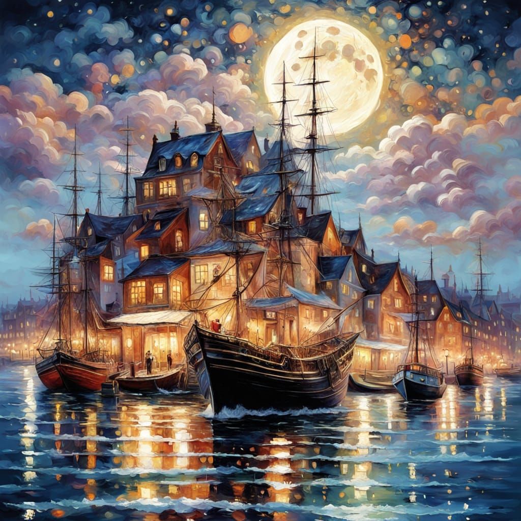 Moonlit Harbor Scene in Impasto Oil Painting Style