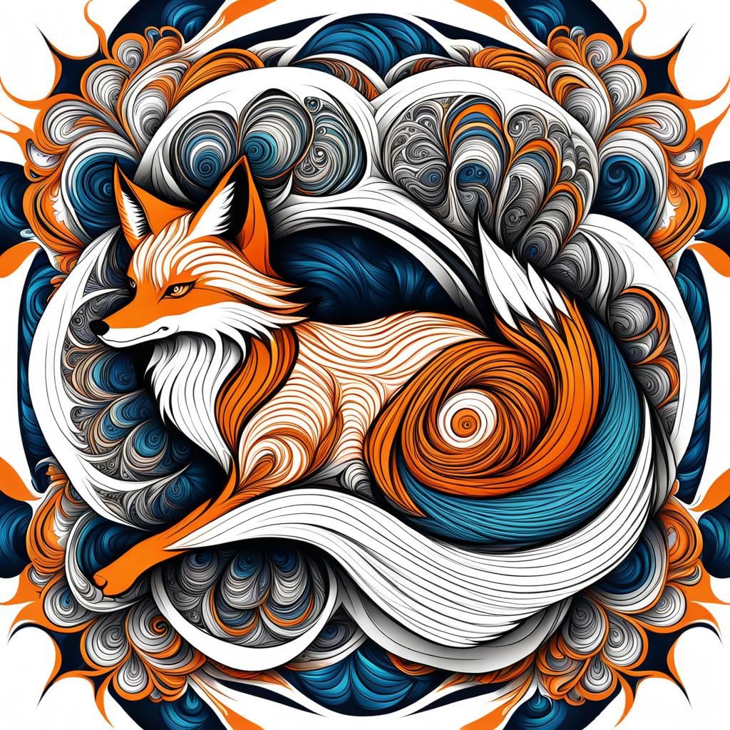 Nine-Tailed Fox with Abstract Fractal Design