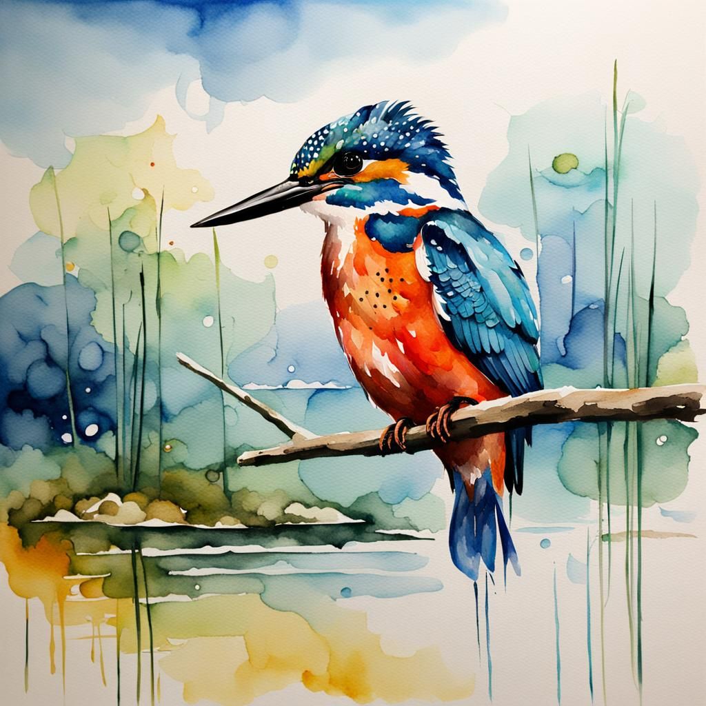 Watercolor Kingfisher on Calm River, Abstract Art