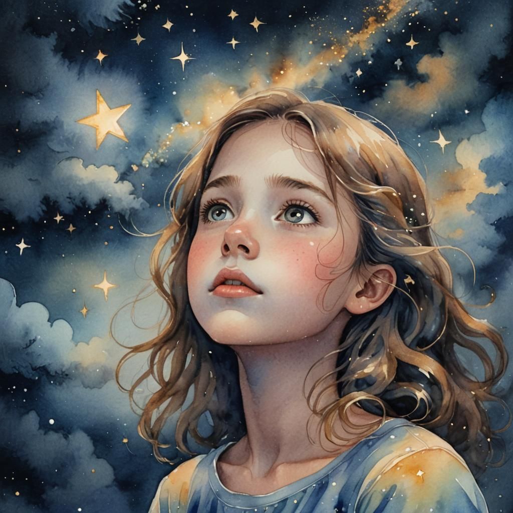 Girl Gazing at Starry Sky in Watercolor Style