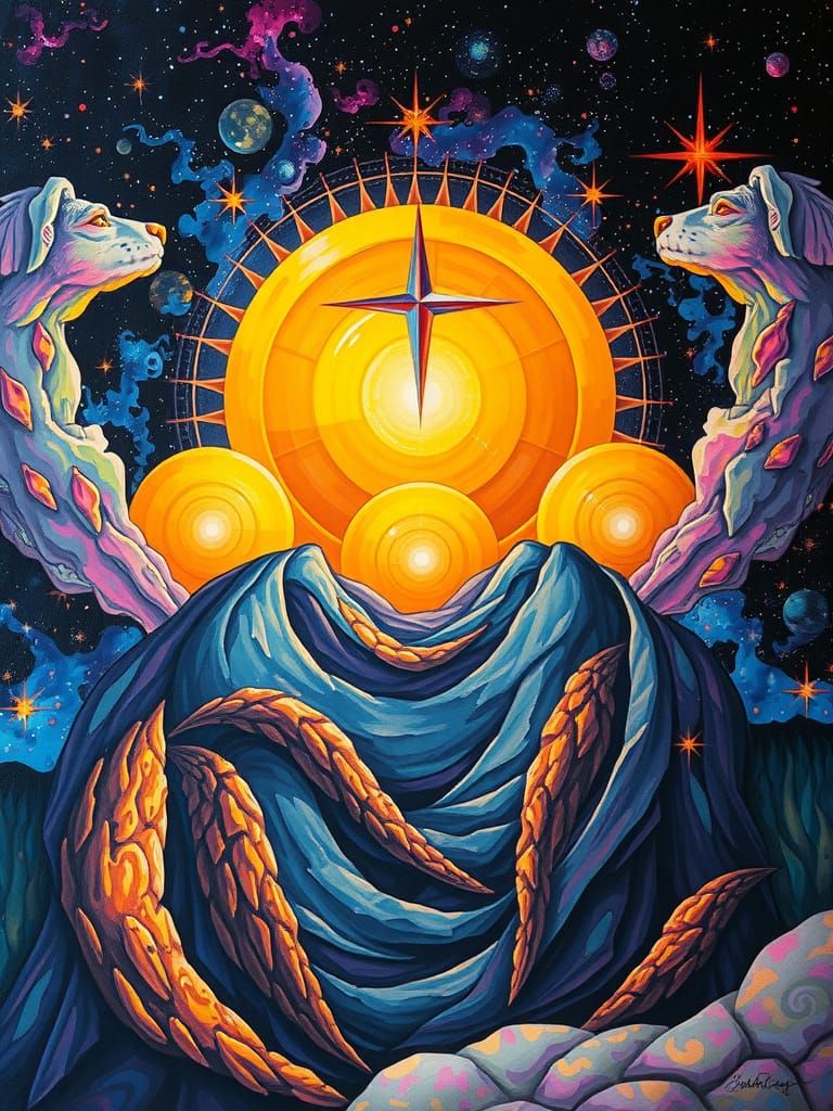 Mystical Celestial Guardians in Vibrant Psychedelic Oil Pain...