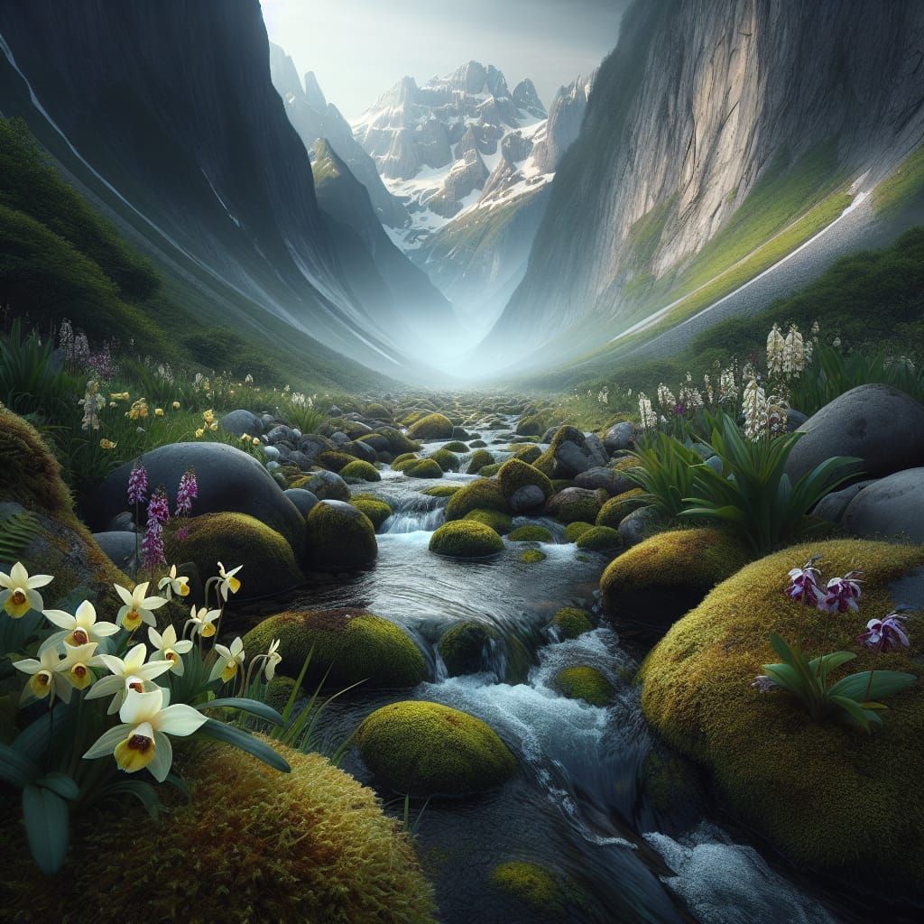 Picturesque Valley with Snow-Capped Mountain and Orchids