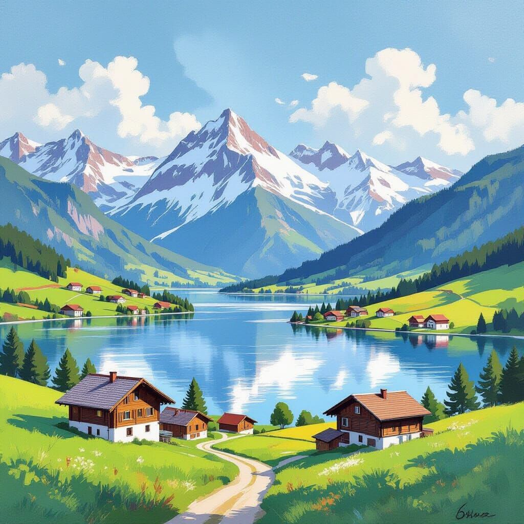 Swiss Landscape in Gouache Style with Mountains and Lake