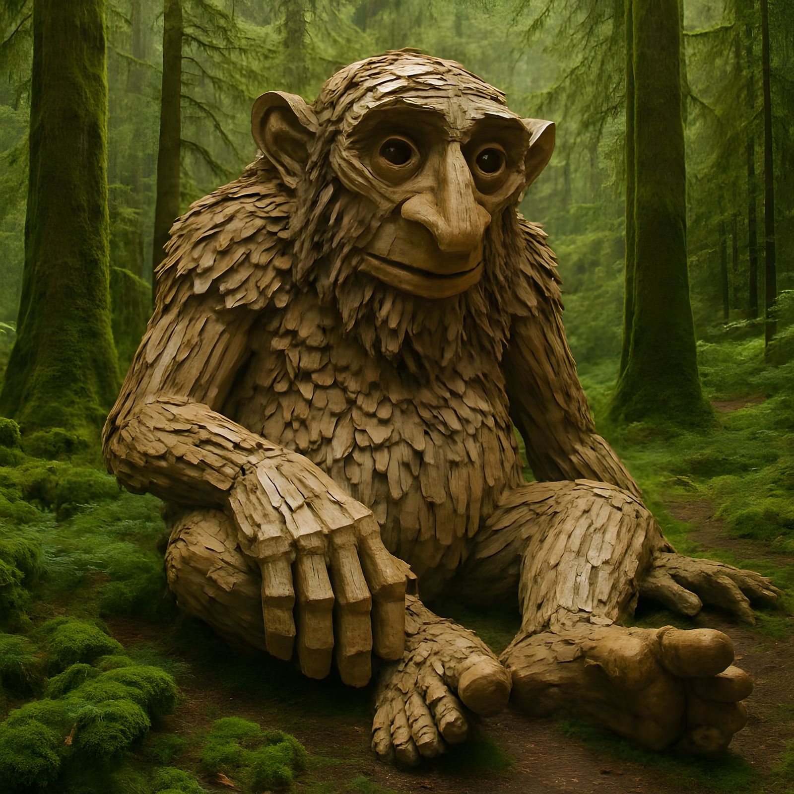 Driftwood Troll Sculpture in Mossy Forest