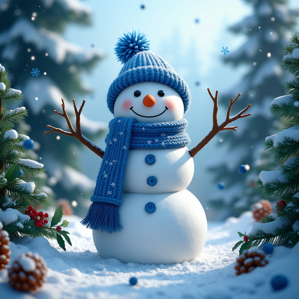 Blue Snowman in Winter Wonderland, Fantasy Concept Art