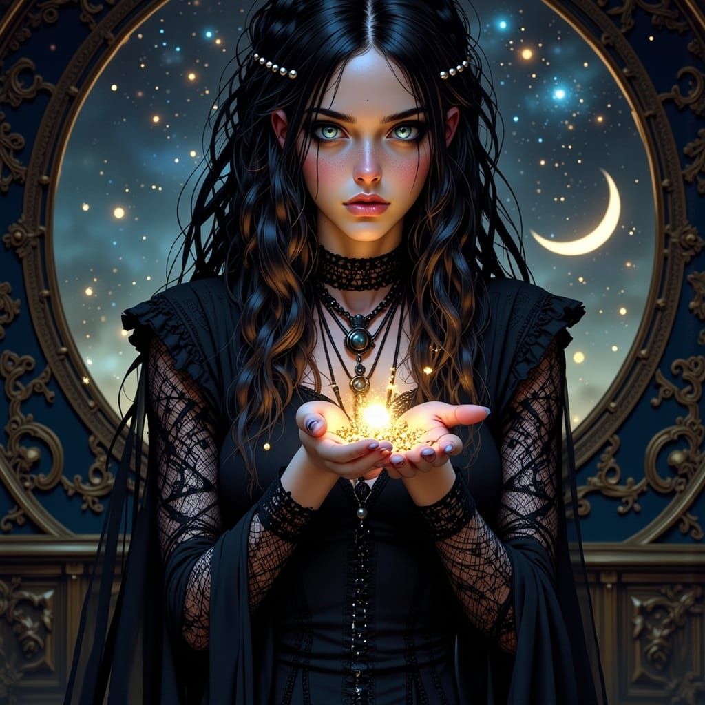 Gothic Woman Holds Stars in Victorian Setting