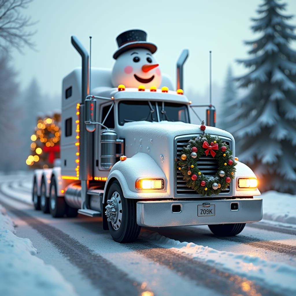 Frosty the Snowman Mack Truck on Snowy Road