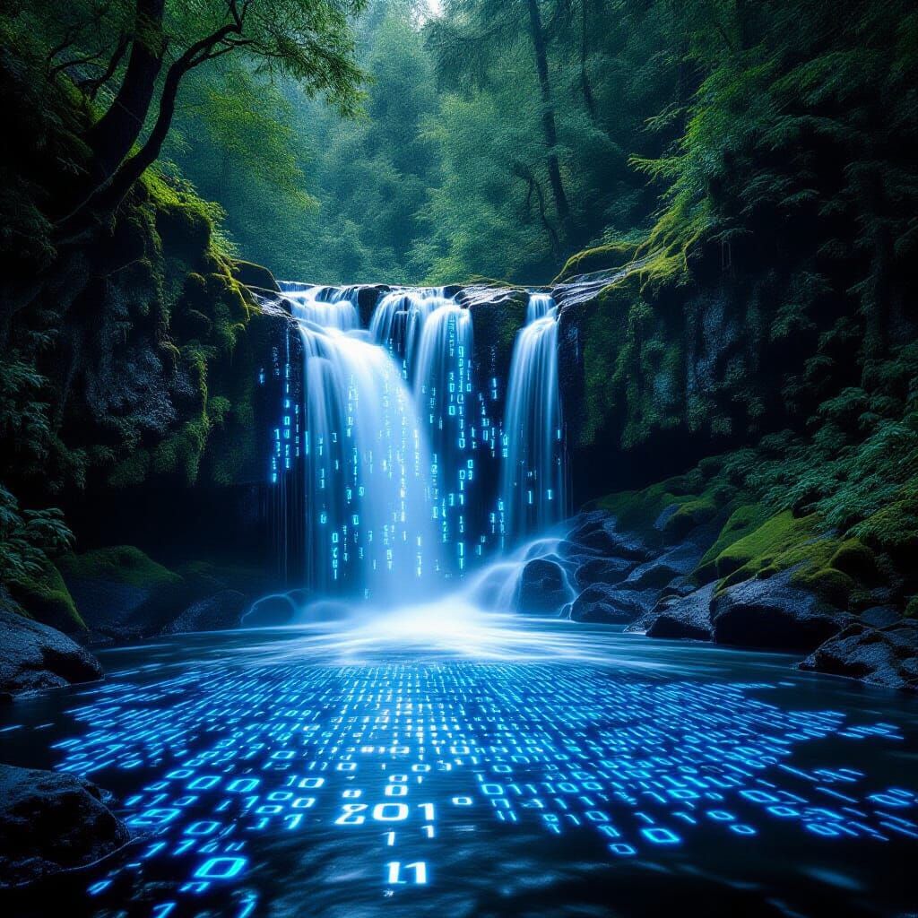 Binary Waterfall Flowing Code in Lush Forest