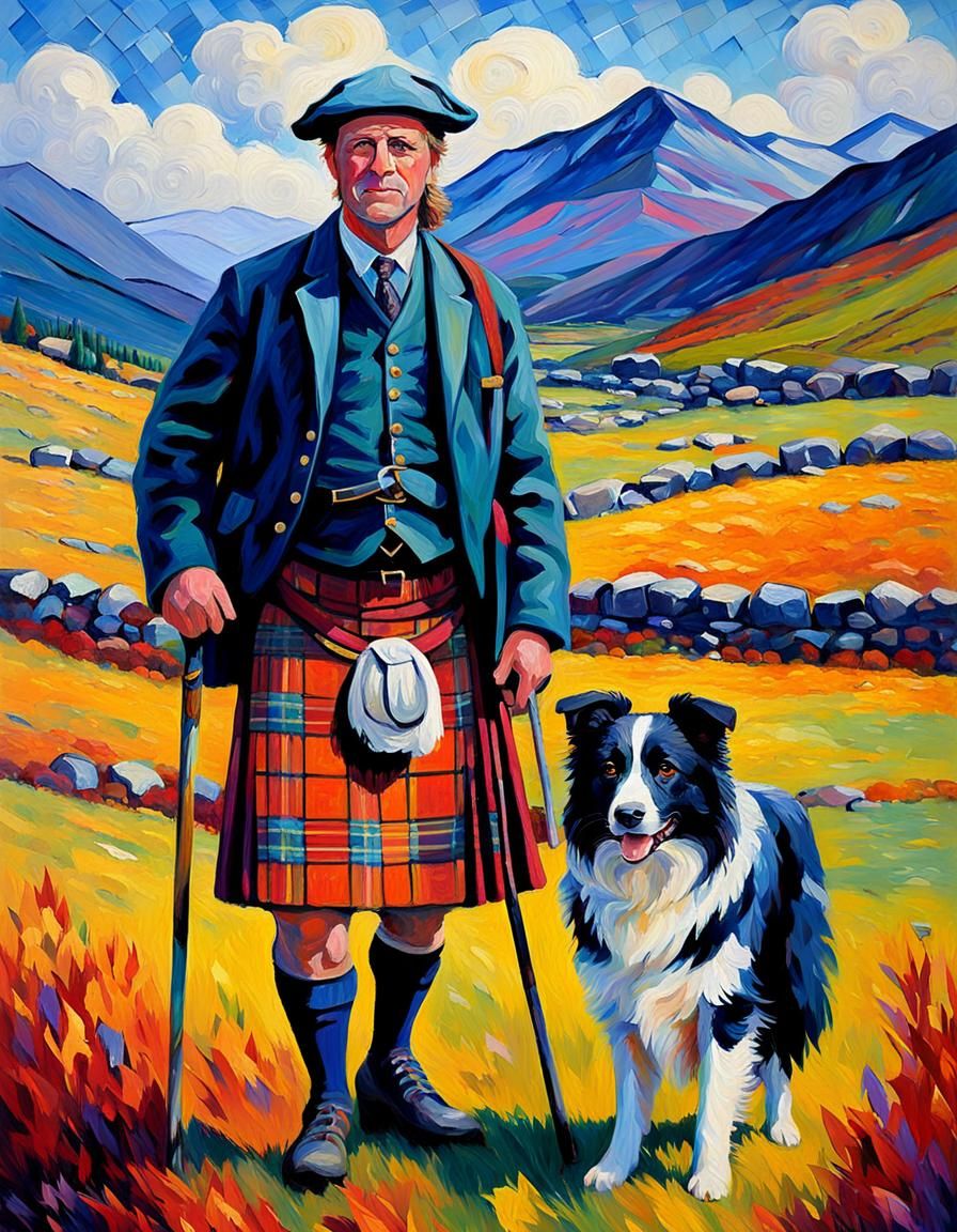 Scottish Highlander with Collie in Expressionist Oil Paintin...