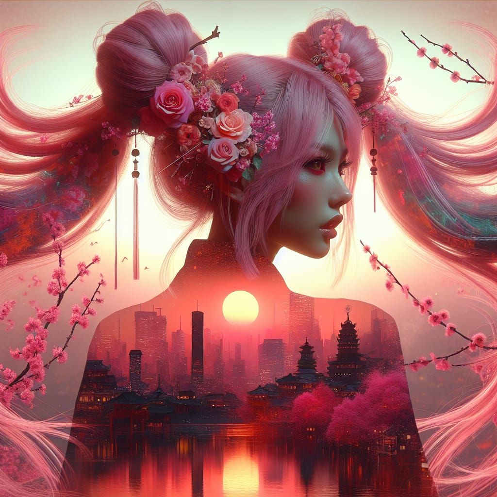 Anime Art. Enigmatic cute beautiful woman with pink hair in ...