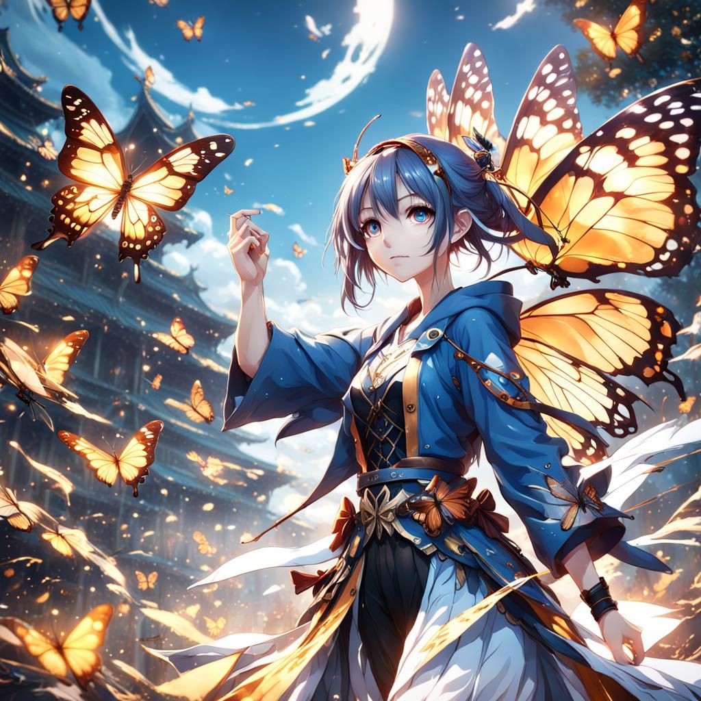 Anime Girl with Butterflies in Fantasy Art Style