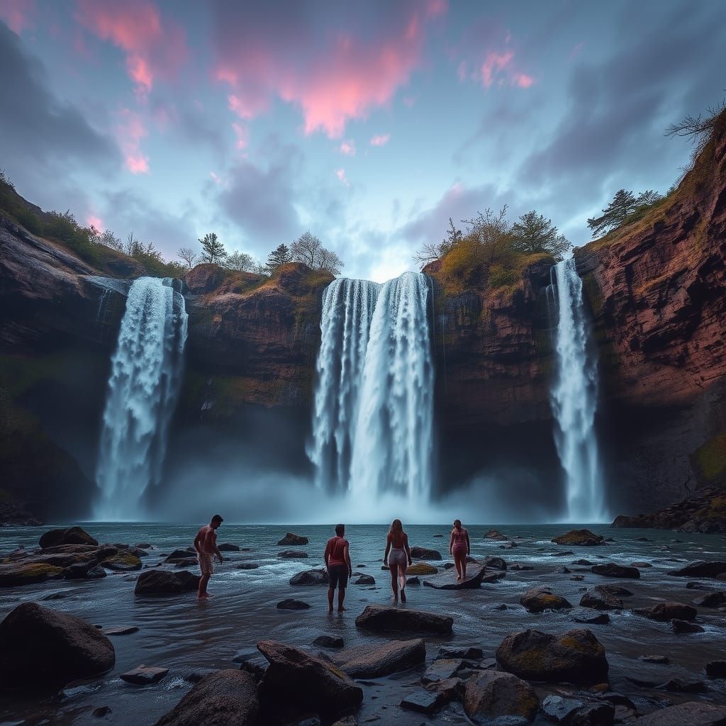 Large Waterfall Sunset with People Swimming