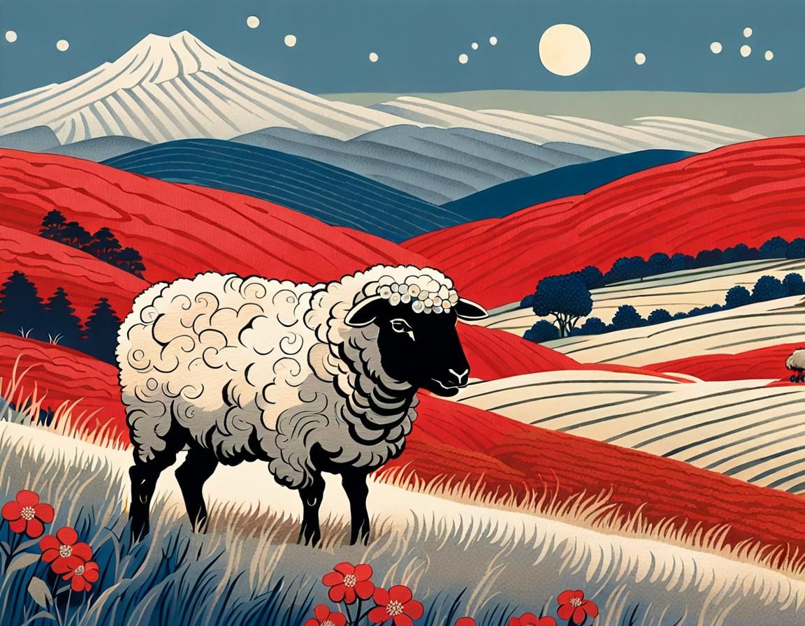 Ukiyo-e Valais Blacknose Sheep in Highlands