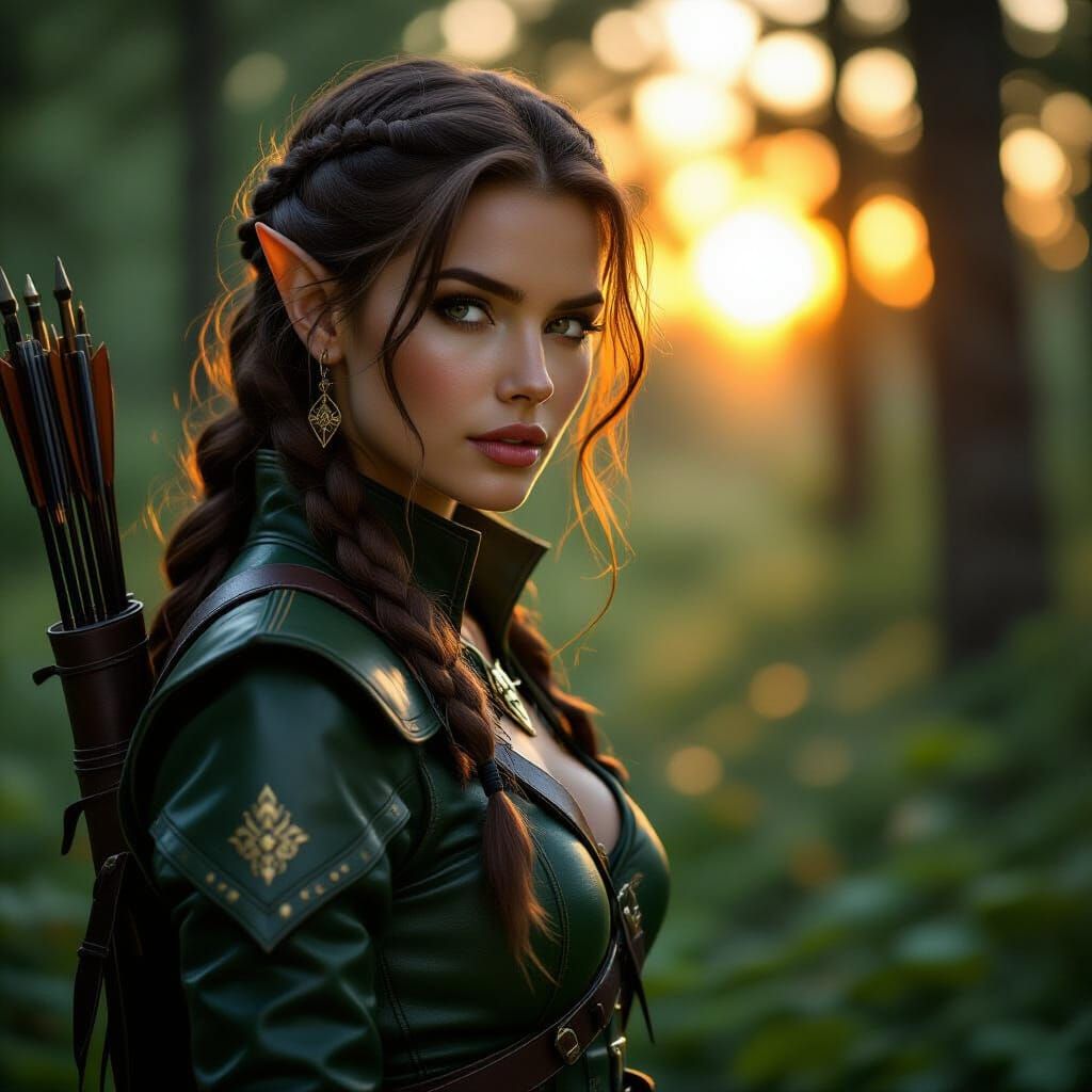 Elegant Elf Huntress in Ancient Forest, Hyperrealistic Style