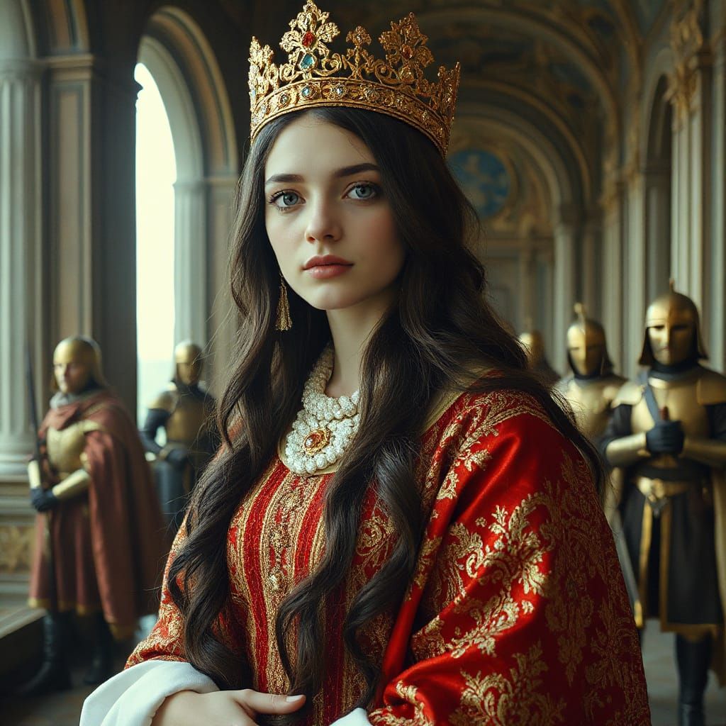 Ethereal Queen in Opulent Castle, Pre-Raphaelite Style