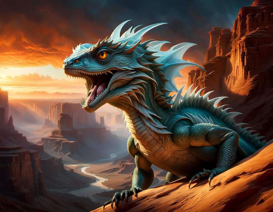 Ice Lizard Melts in Desert Canyon: Digital Art