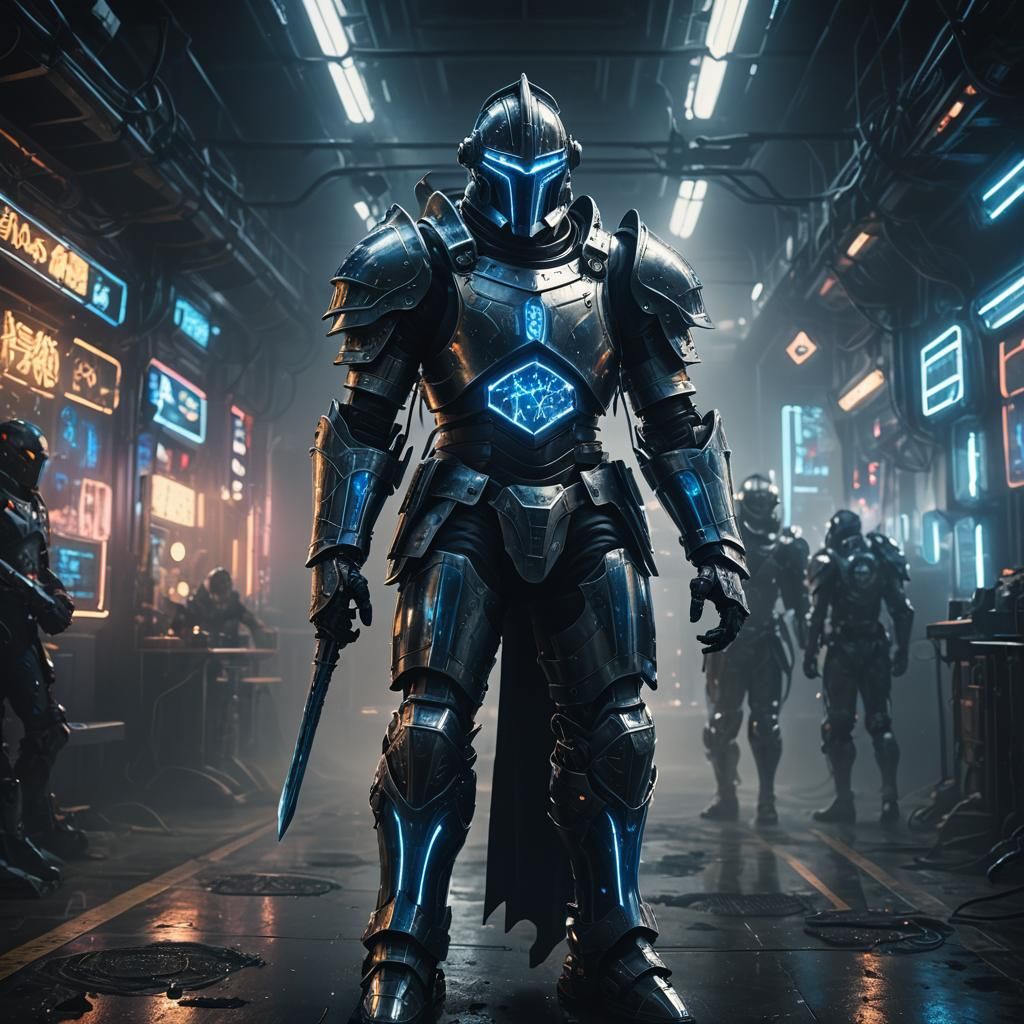 Sci-Fi Knight in Shining Armor with Neon Lights
