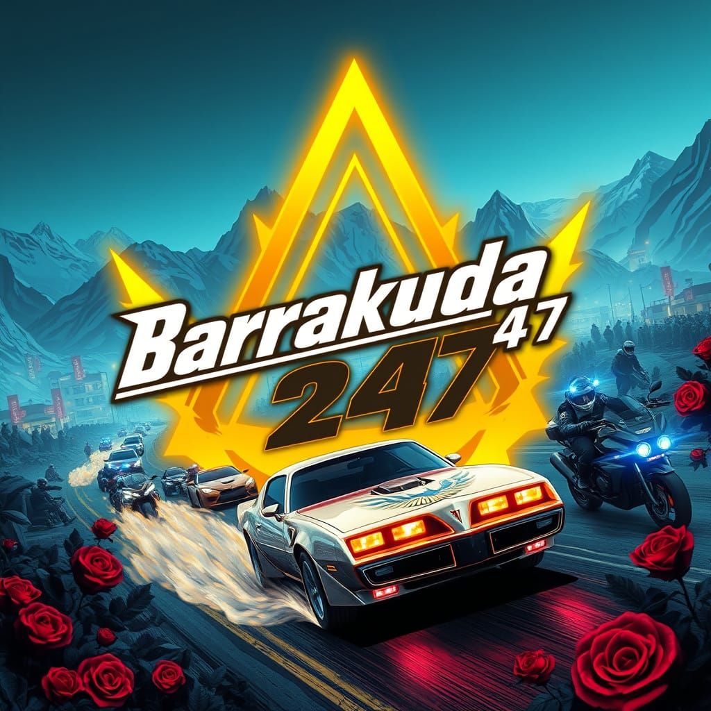 Futuristic Logo on Trans Am in Dystopian Cityscape