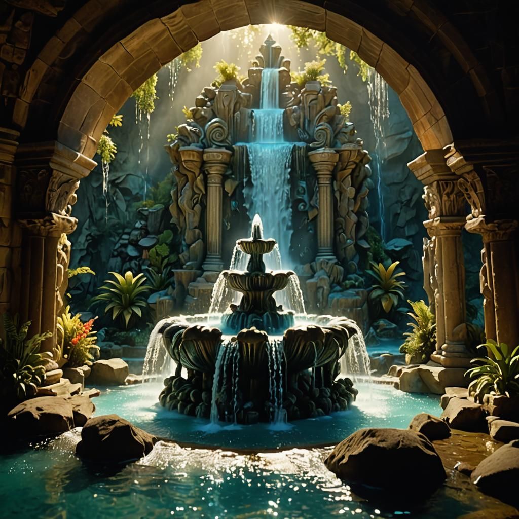 Majestic Water Fountain in Underwater Cavern