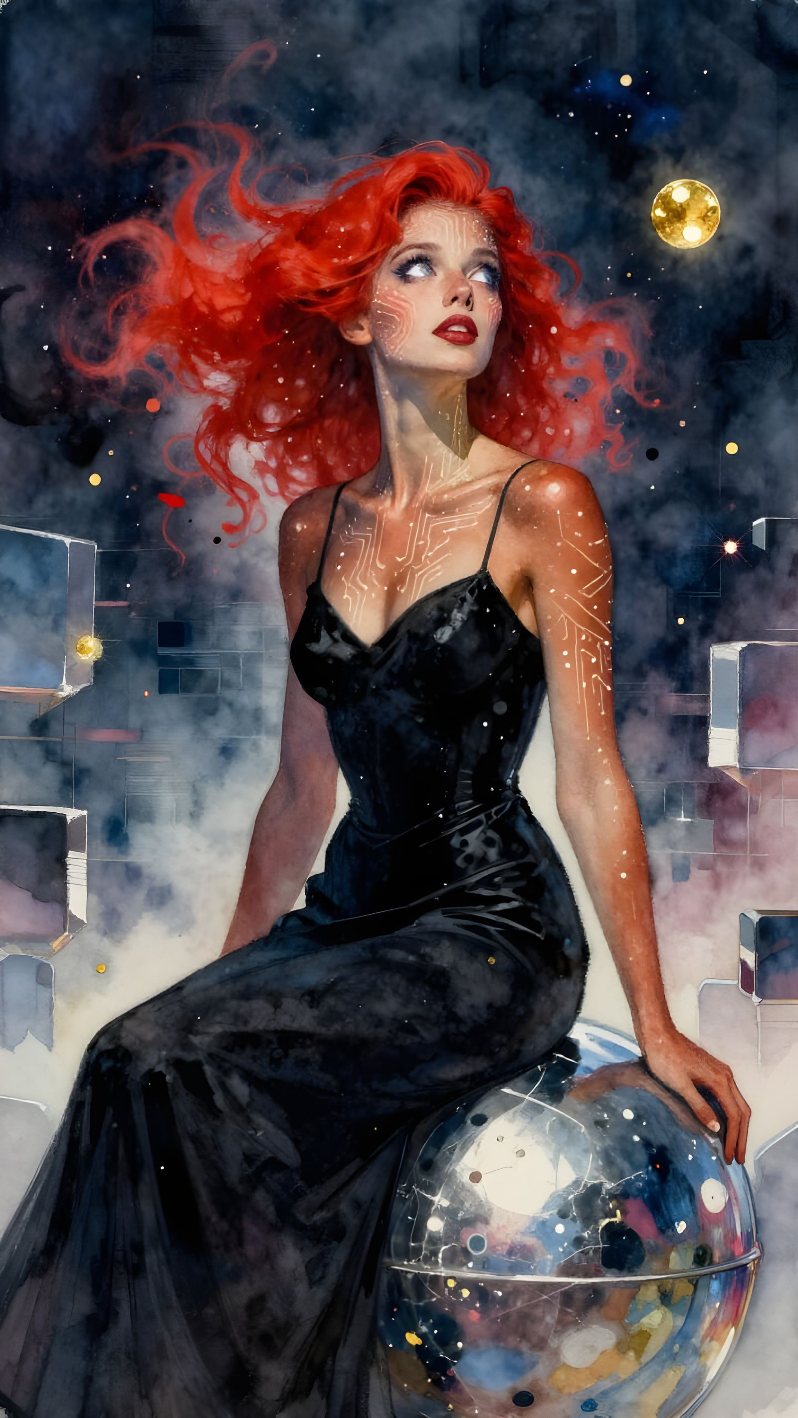 Woman on Chrome Orb with Cosmic Hair