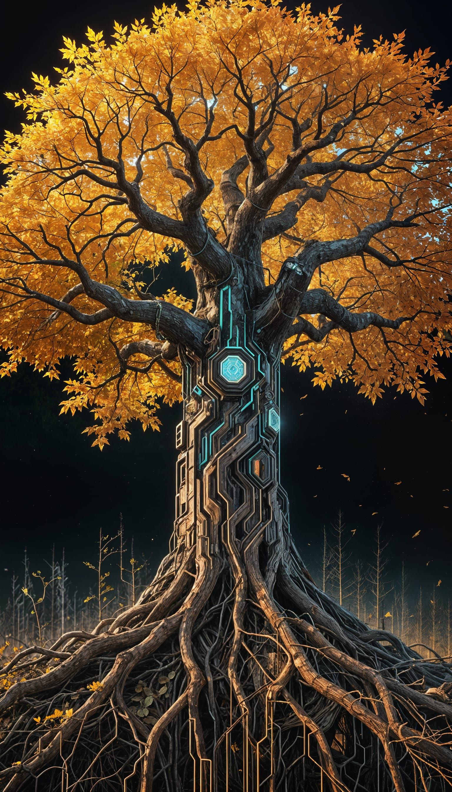 Glitch Art Tree with Autumn Leaves in Cyberpunk Style