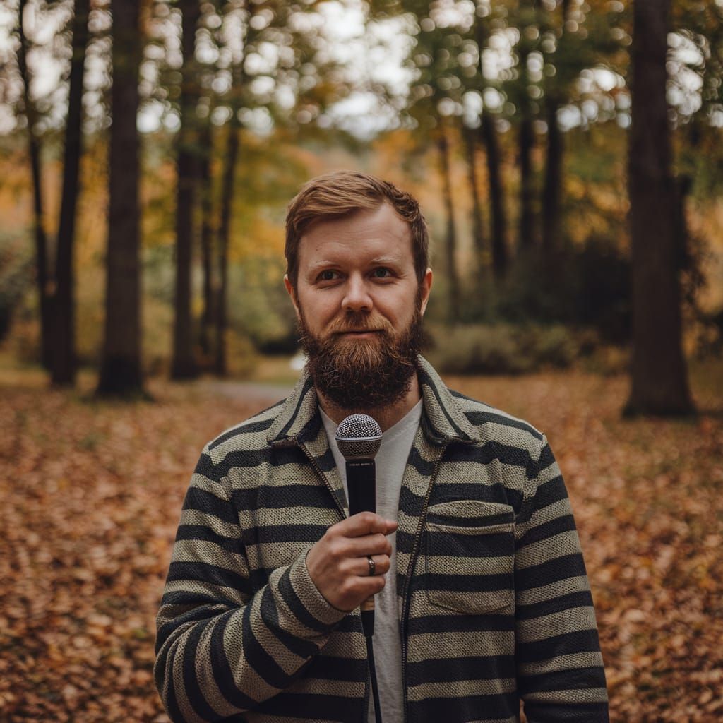 Man with Microphone in Forest Setting
