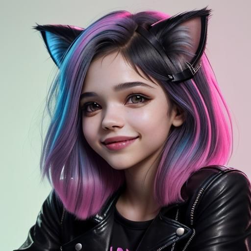 Cat-Eared Woman with Neon Hair in Cyberpunk Style