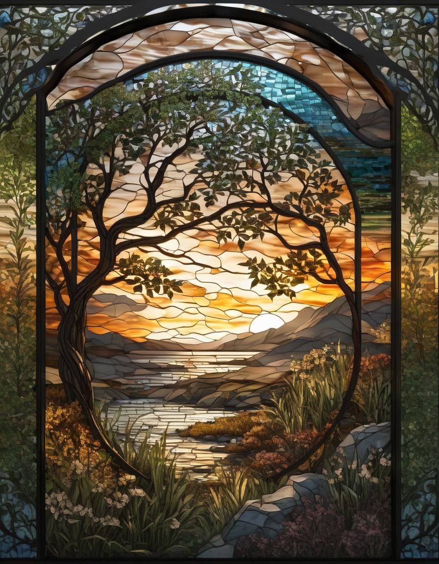 Luminous Stained Glass Landscape Mosaic