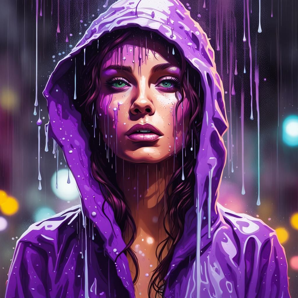 Glowing Lady in Neon Rain: Graffiti Art