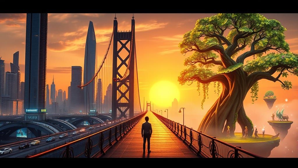 Surreal Bridge Connects Realistic City to Dreamlike Landscap...