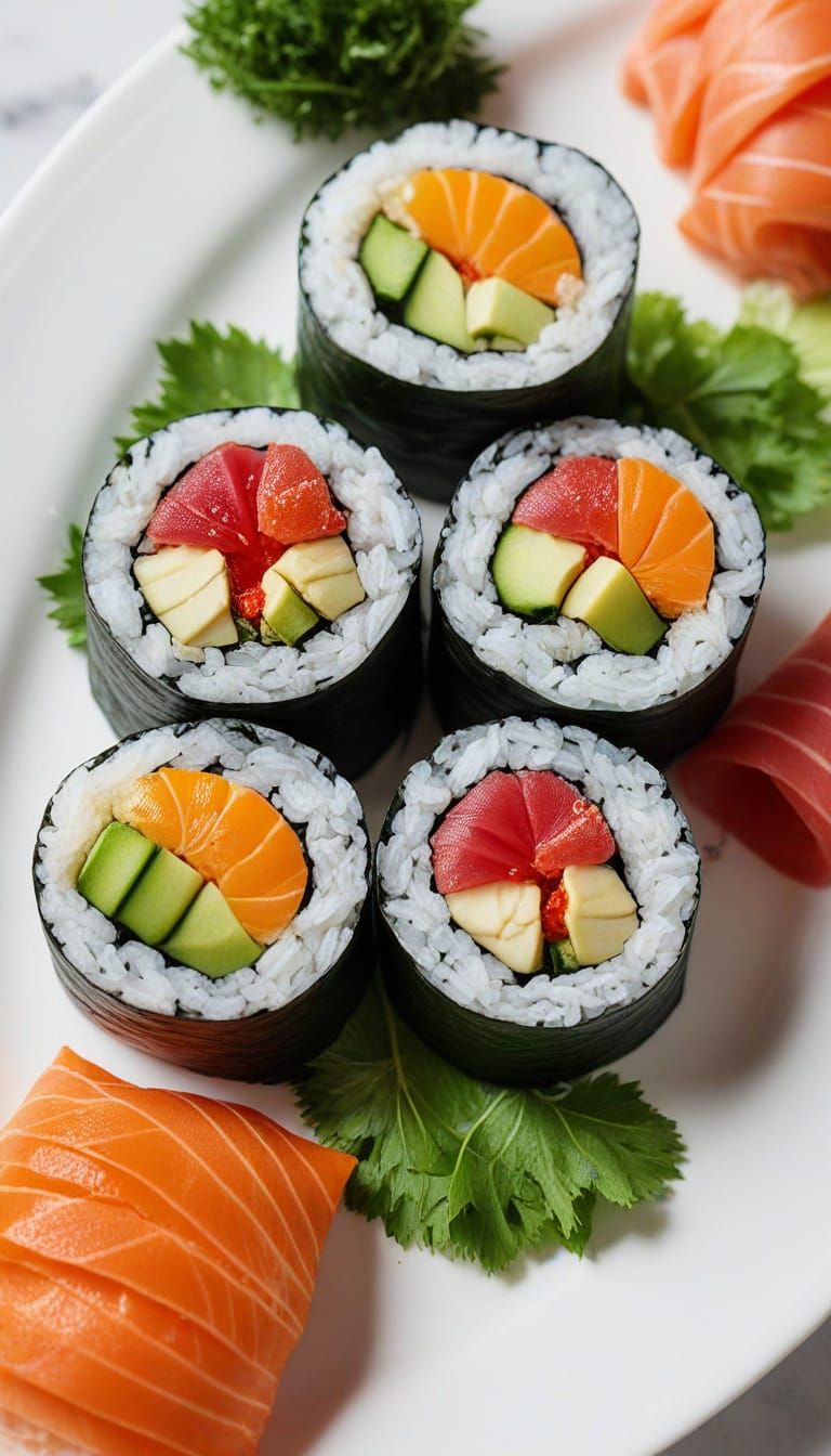Vibrant Sushi Rolls in Photorealistic Food Art Style