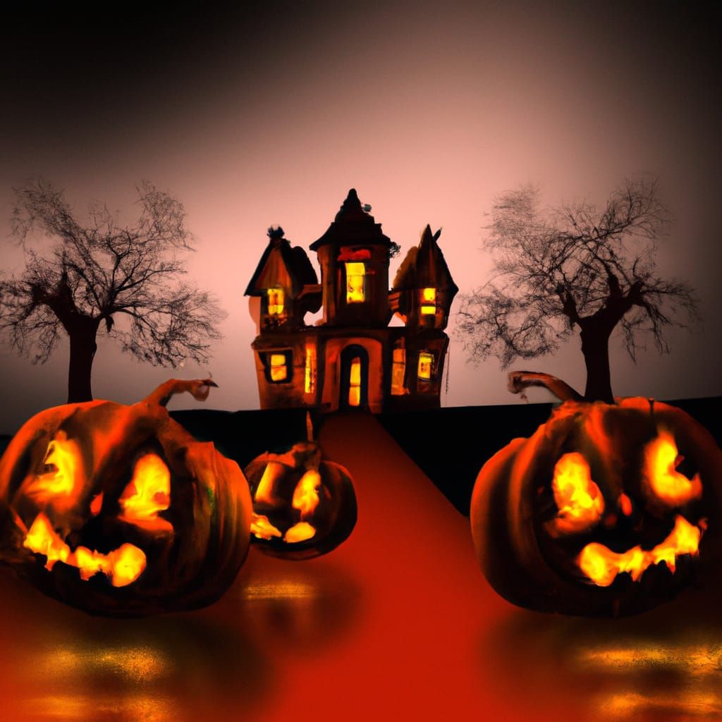 Eerie Haunted House with Glowing Jack-o'-Lanterns