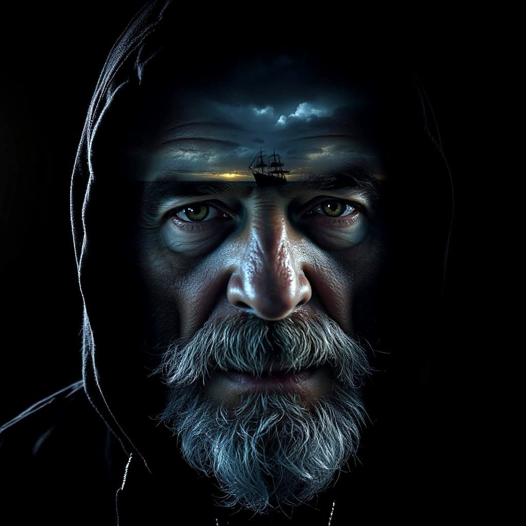 Surreal Fisherman's Portrait in Stormy Seascape