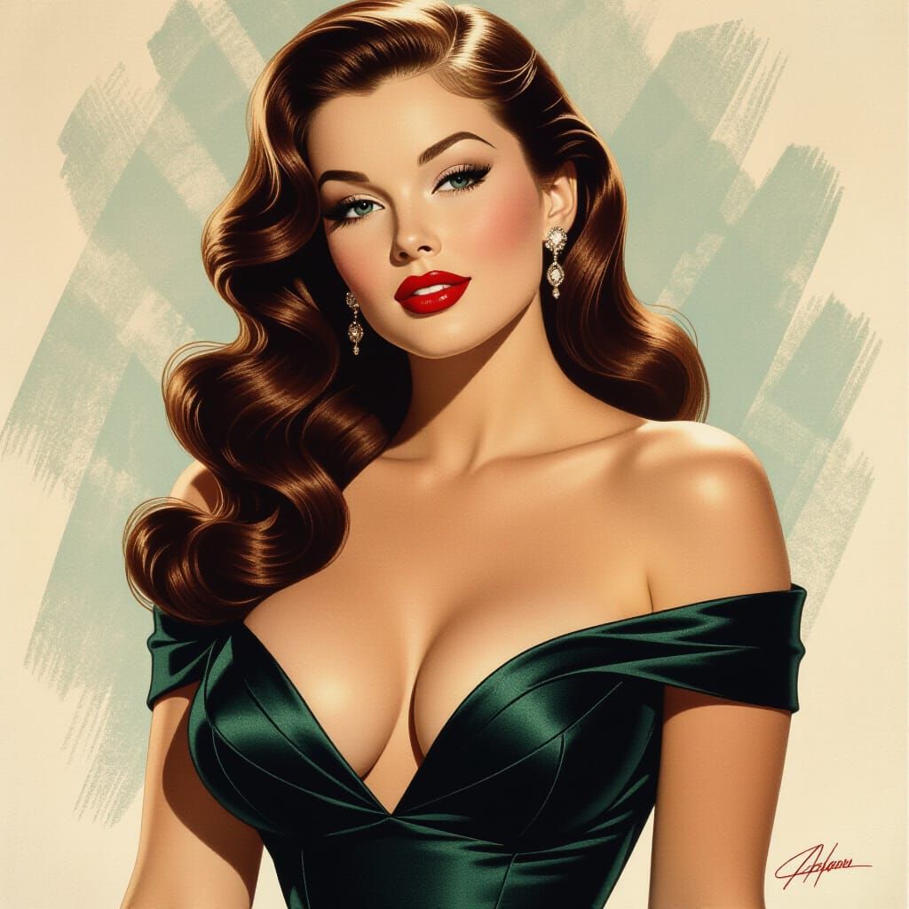 Glamorous 1950s Pinup Model in Graphite Drawing