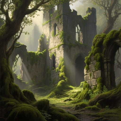 Castle Ruins Reclaimed by Nature, Detailed Matte Painting
