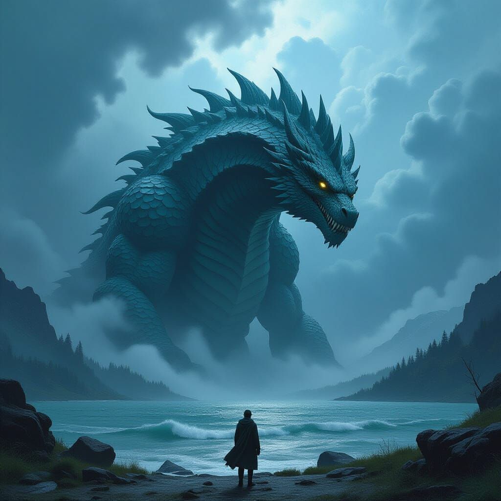 Colossal Hydra Rises from Stormy Lake