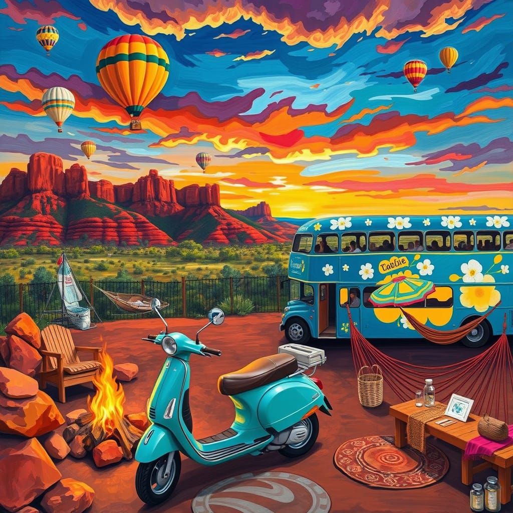 Sedona Landscape with Hot Air Balloons, Expressive Art Style