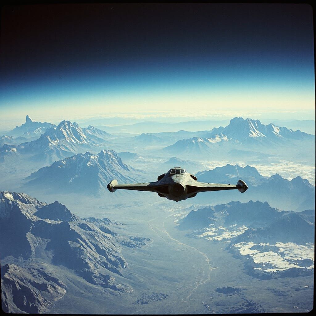 Spaceship Soaring Through Alien Landscape, Cinematic Film St...