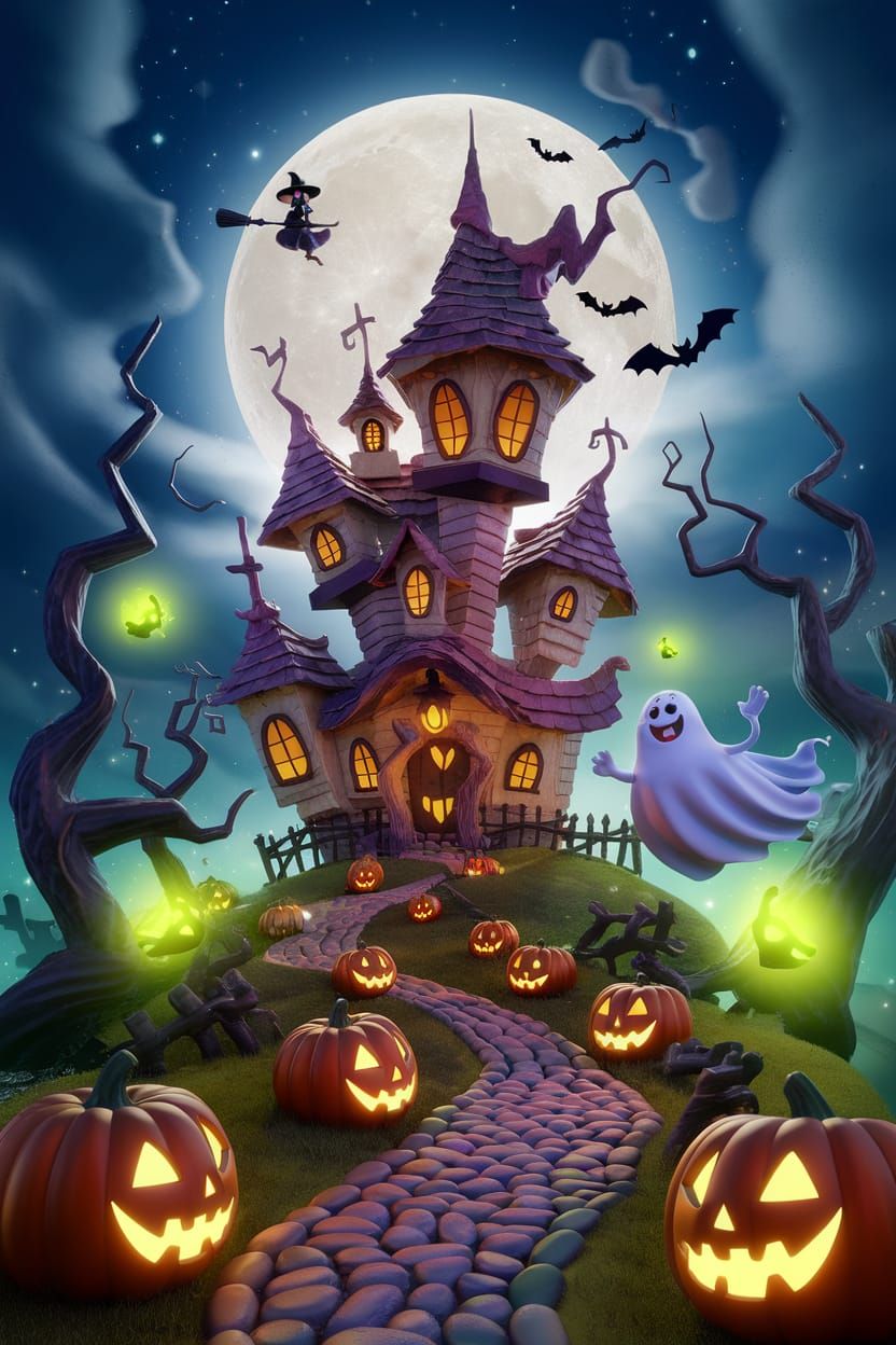 Whimsical Halloween Scene in Colored Pencil Style
