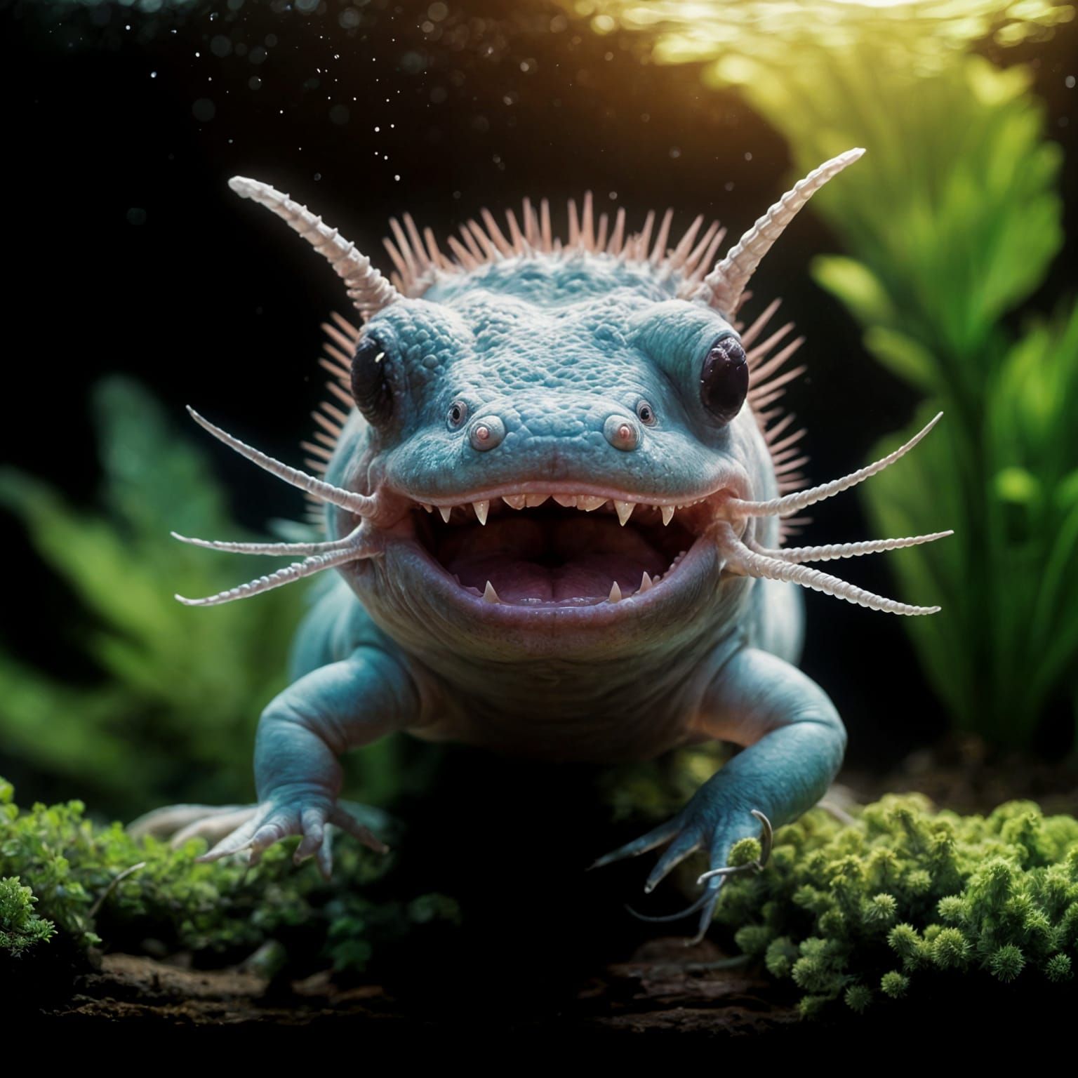 Axolotl with Fuzzy Horns in Aquarium