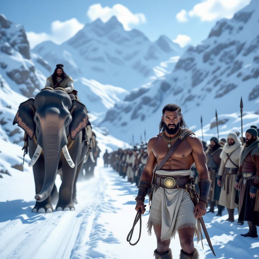 Hannibal's Army Crosses Alps With Elephants Photorealistic