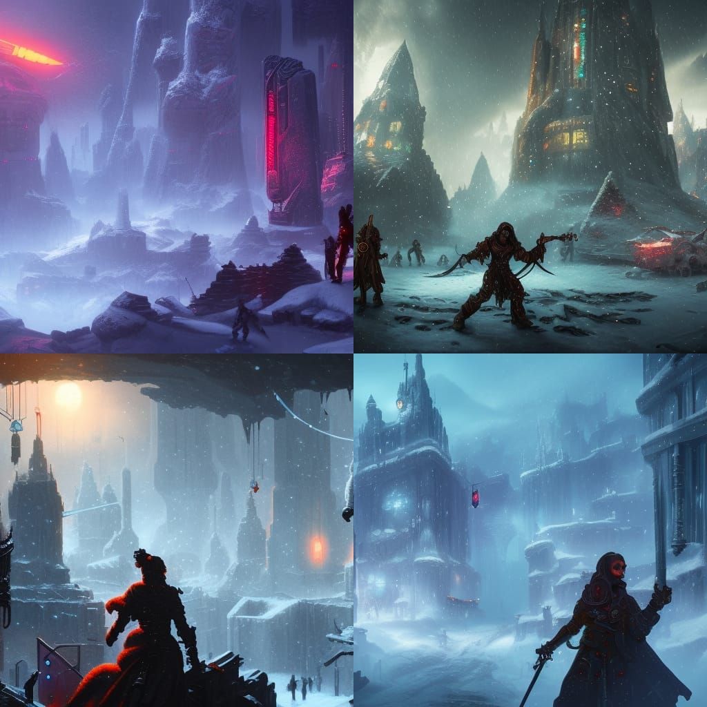 Cyberpunk Winter Scene with Magic and Weapons
