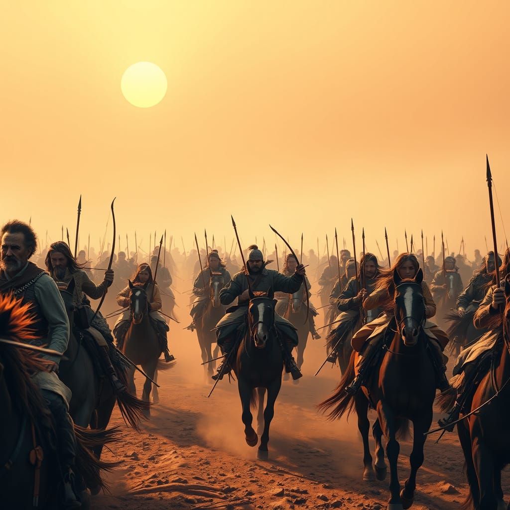 Mongol Horde Emerges on the Steppe in a Dusty, Epic Landscap...