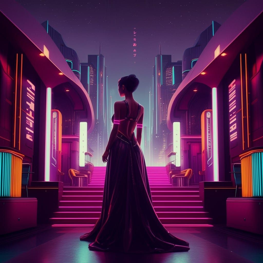 Futuristic Nightclub Scene in Cyberpunk Art Deco Style