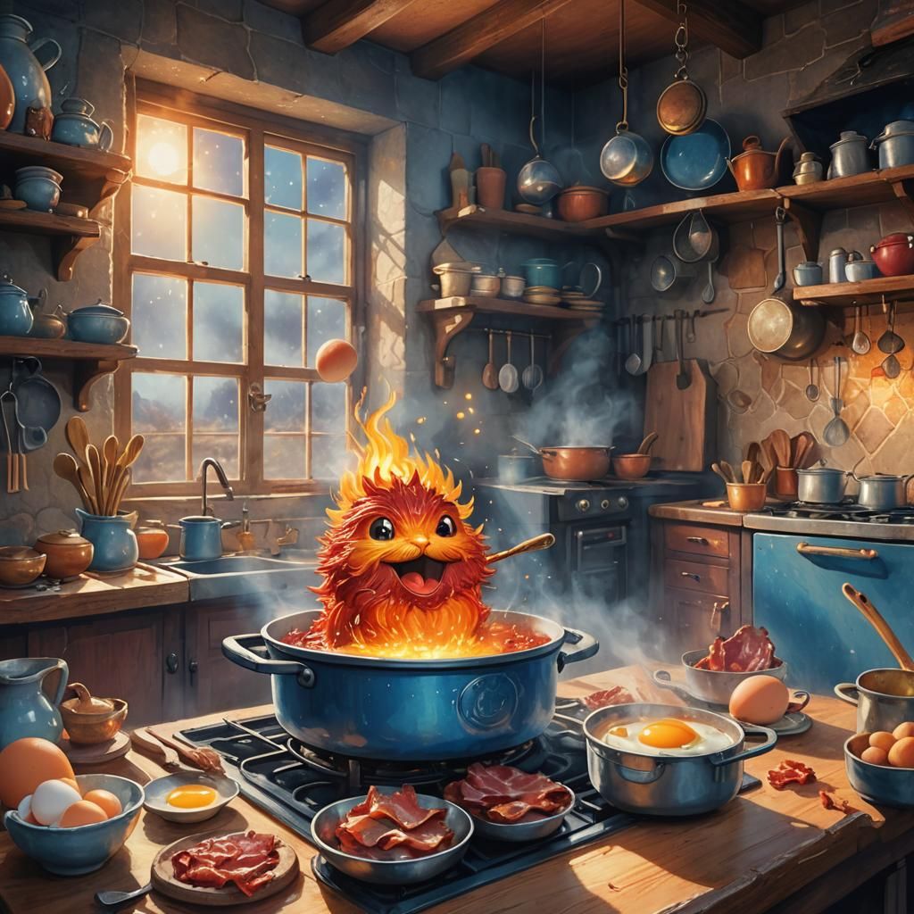 Calcifer Cooks Breakfast: Whimsical Fantasy Concept Art