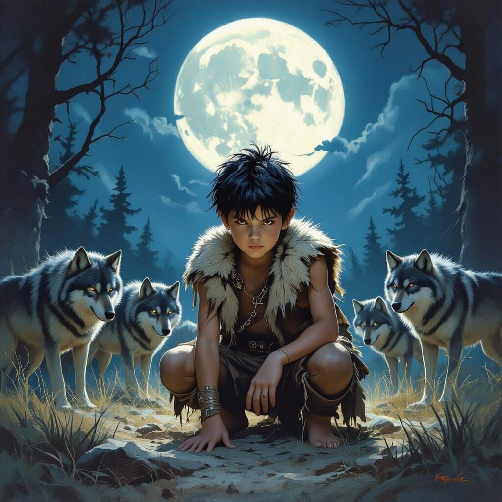 Wild Boy with Wolves in Moonlit Clearing